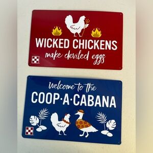Lot of 2 Charming Chicken-Themed Metal Signs - Red and Blue